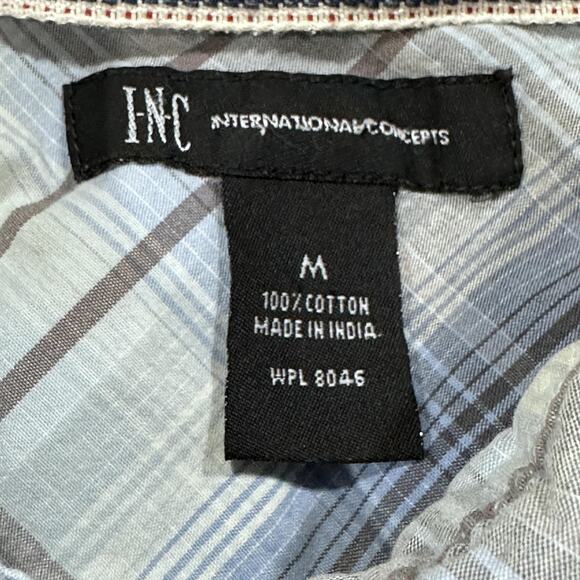 INC International Concepts Shirt Mens Size M Blue Plaid Western Pearl Snap FLAW - Picture 7 of 8